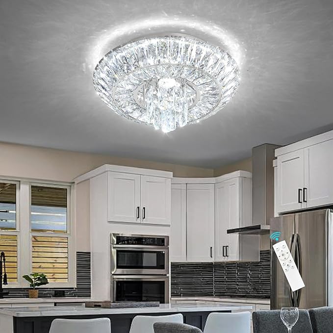 Crystal Chandelier 25W Modern Round Ceiling Light Fixture LED Raindrop Chandeliers Dimmable with Remote for Dining Room Living Room Entryway Hallway Bedroom Silver