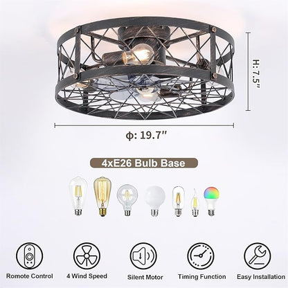 20" Farmhouse Flush Mount Caged Ceiling Fans with Lights, Rustic Low Profile Ceiling Fan with Remote, Quiet Reversible DC Motor Small Bladeless Enclosed Ceiling Fan for Bedroom Dining Room Kitchen