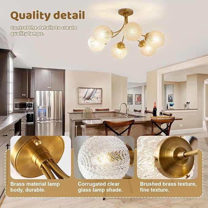 Glass Chandelier 6-Light Vintage Flush Mount Ceiling Light Gold Chandelier, Snowflake Globe Shade, Sputnik Brass Ceiling Light, Dining Room Chandelier for Kitchen Bedroom Living Room