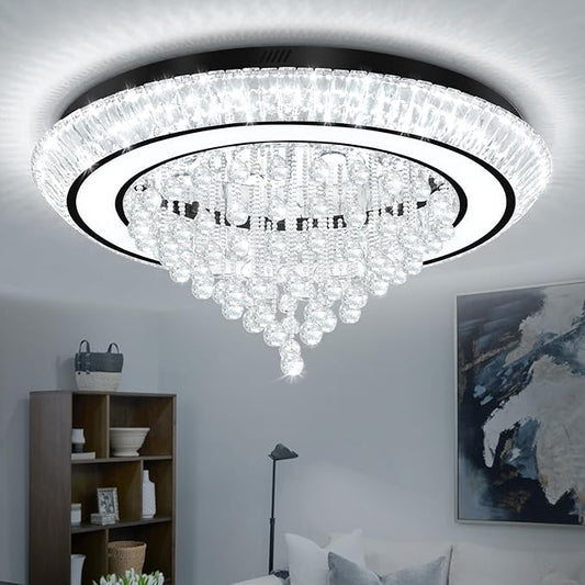 40in Black Flush Mount Chandelier Ceiling Light, Raindrop Chandeliers for Dining Room, Glam Crystal Chandeliers, Modern Led Luxury Chandelier for Living Room, Bedroom