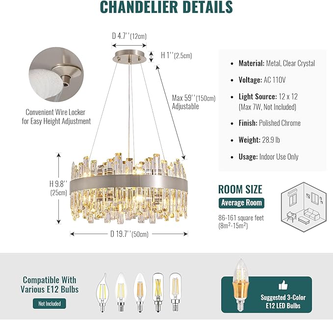 Siljoy 12-Light Modern Crystal Chandeliers Luxury 2-Tiers K9 Crystal Raindrop Chandelier Adjustable Dimmable Crystal Ceiling Light for Dining Room Living Room Bedroom Kitchen D19.7''