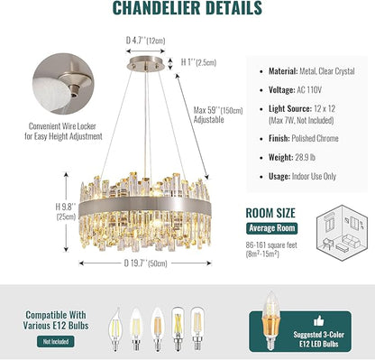 Siljoy 12-Light Modern Crystal Chandeliers Luxury 2-Tiers K9 Crystal Raindrop Chandelier Adjustable Dimmable Crystal Ceiling Light for Dining Room Living Room Bedroom Kitchen D19.7''