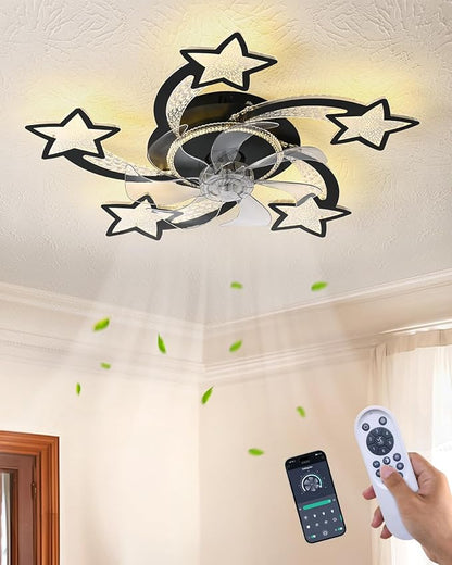 Yfrest Modern Ceiling Fan with Lights Remote Control, Black Star Ceiling Fan with Light APP Control, 6 Speeds 3 Light Color Low Profile Ceiling Fan for Kitchen Bedroom
