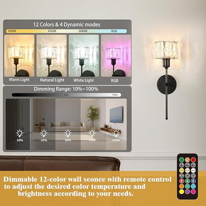 Crystal Battery Operated Wall Sconces Set Of Two, Black Wireless Wall Light with USB Rechargeable LED Light Bulbs 12 Colors Dimmable Crystal Wall Lamp with Remote for Living Room, Bedroom, Hallway