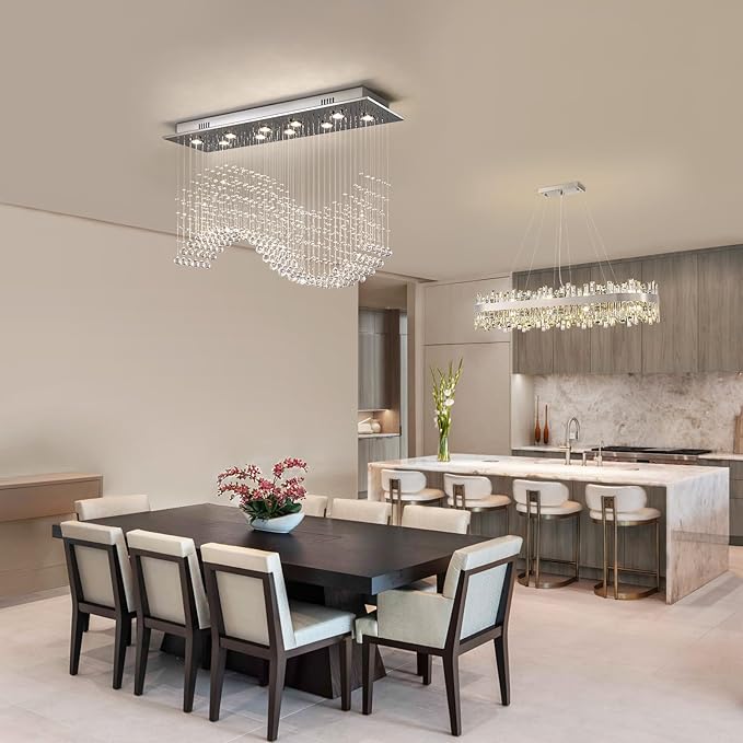 Siljoy Modern Wave Crystal Chandelier for Dining Room 10 Lights Luxury Rectangular Flush Mount Crystal Ceiling Light for Living Room Kitchen Island Length 40 Inch