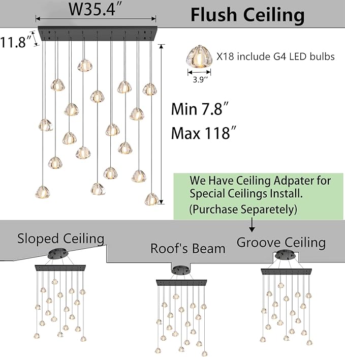 HAIXIANG W35 x D11.8 x H118 Rectangular Chandelier Bubble Crystal Balls Glam Chandeliers Dimmable Light High Ceiling Pendants Light Fixtures Adjustable Long Lights Black