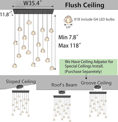 HAIXIANG W35 x D11.8 x H118 Rectangular Chandelier Bubble Crystal Balls Glam Chandeliers Dimmable Light High Ceiling Pendants Light Fixtures Adjustable Long Lights Black
