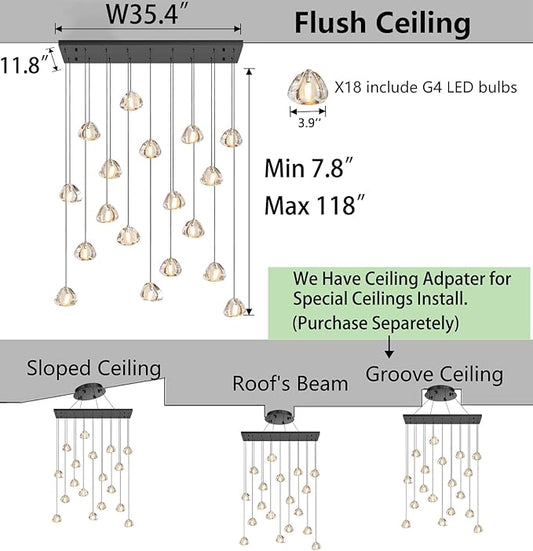 HAIXIANG W35 x D11.8 x H118 Rectangular Chandelier Bubble Crystal Balls Glam Chandeliers Dimmable Light High Ceiling Pendants Light Fixtures Adjustable Long Lights Black