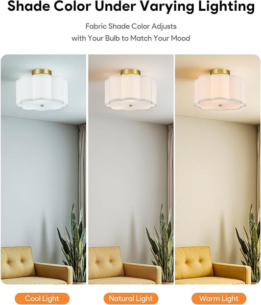 VONLUCE Semi Flush Mount Ceiling Light, 12.6" Ceiling Light Fixture with Flower-Shaped Fabric Shade, 3-Light Modern Light Fixture for Bedroom Living Room Nursery Hallway, White Shade & Gold Finish