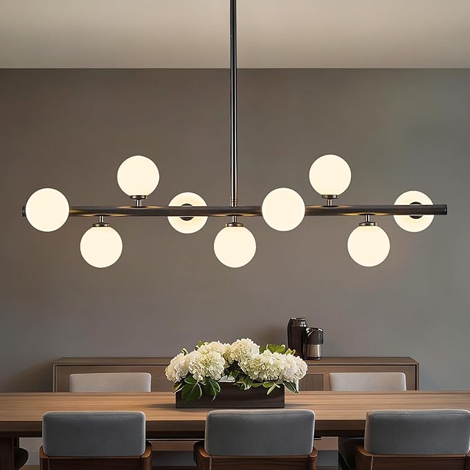 Mid Century Modern Globe Sputnik Chandelier, 9-Light Linear Chandeliers for Dining Room and Kitchen Island, Dining Light Fixture Over Table, Black and Milk White Glass Bubble, 40 Inch