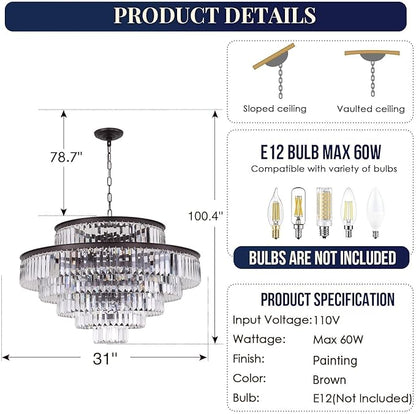 6-Tier Large Gold Crystal Chandeliers 31" Modern Luxury Chandeliers for Staircase K9 Crystal High Ceiling Chandelier 17-Light Round Hanging Pendant Light Fixture for Living Room Entryway Foyer