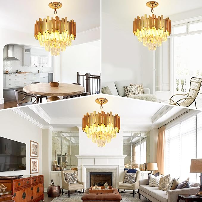 Depuley Modern Gold Crystal Chandelier: 5-Light 3-Tier Flush Mount Chandelier 12 Inch Luxury Round Hanging Pendant Light Fixture for Porch Bedroom Dining Room Foyer Included Bulbs
