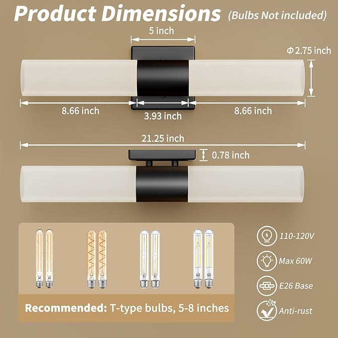 Kalium Bathroom Wall Sconces Set of Two, 21 Inch Modern Vanity Lights with Frosted Glass Shade, Bathrooms Vanity Lighting Fixtures for Mirror Bedroom Living Room Hallway (Black)