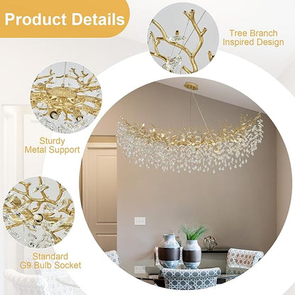 Modern Crystal Gold Chandelier,63" Large Rectangular Lving Room Chandeliers for Dining Room, Tree Branch Crystal Dining Room Over Table Chandelier