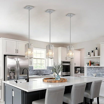 Modern Crystal Pendant Lights Kitchen Island, 2-Pack Chrome Hanging Light with Clear Crystal Shade, Adjustable Height Pendant Lighting for Kitchen Island Dining Room Bedroom Bar Entryway