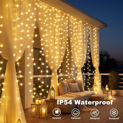 Battery Operated Curtain Lights,9.8ft×9.8ft 300 LED Curtain Lights with Remote Timer 8 Modes, Waterproof Hanging Fairy Lights for Outdoor Indoor Wedding Christmas Decor (Warm White)