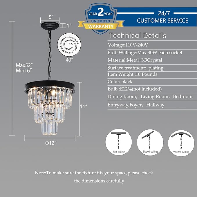 Weesalife Crystal Chandeliers for Dining Room Light Fixtures Over Table，4-Lights Modern Black Crystal Pendant Lighting Fixture，3 Tiers Small Chandeliers for Kitchen Island Bedroom Entryway D12 Inch