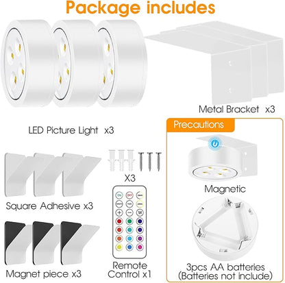 RGB Picture Light Battery Operated Painting Lights for Wall Wireless Magnetic Display Art Light with Remote Controls,Dimmable&Timer for Art Frame Artworking,6Pack White