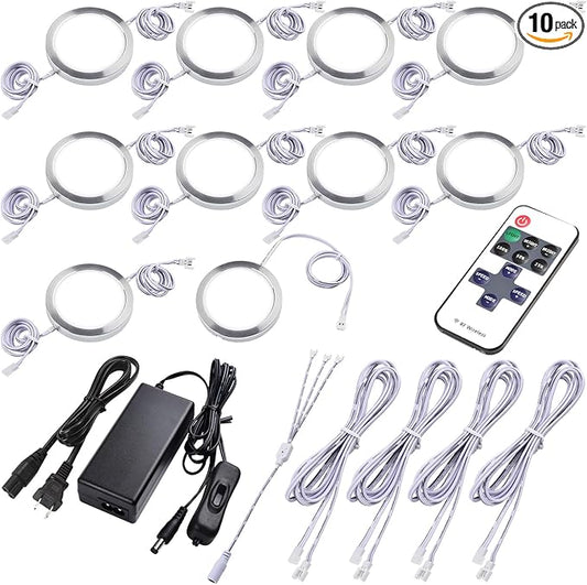Under Bar Lighting, Workspace Accent Light Kit, 120V Cabinet LED Puck, Daisy Chained Linkable, Plug-in & Hardwiring, Wireless RF Remote Control Dimmable, White Cables, Daylight, 10 Lights