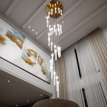D28inxH177in Long Crystal Column Chandelier Extra Large Staircase Chandelier for High Ceiling Gold 30-Lights Dimmable LED Pendant Lighting Foyer Entryway Light Source is Replaceable