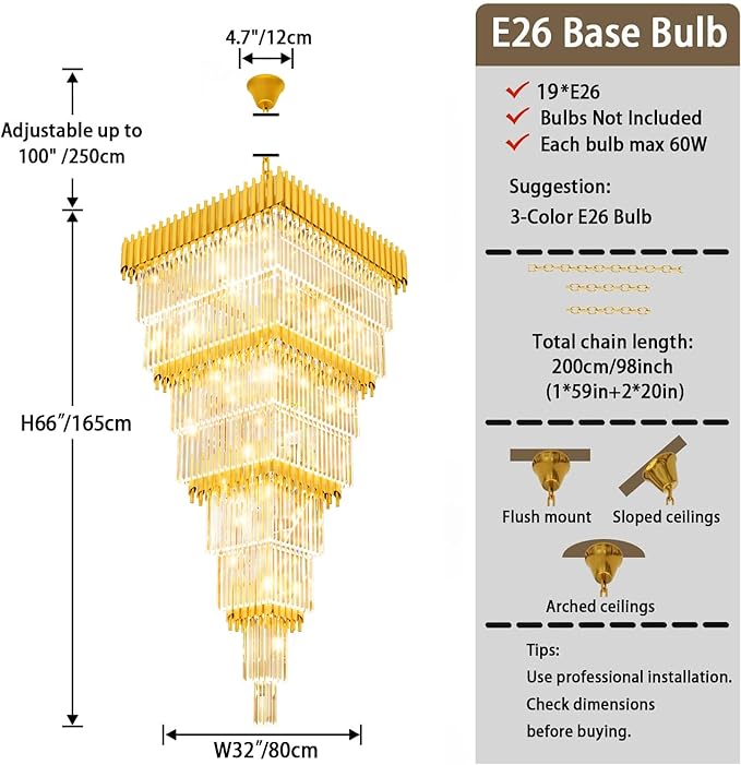 W32 x H94.5 Large Gold Chandeliers for High Ceiling, 25-Light Square Tiered K9 Crystal Raindrop Chandelier, Adjustable Height Luxury Pendant Light for Staircase, Villa Foyer, Entryway