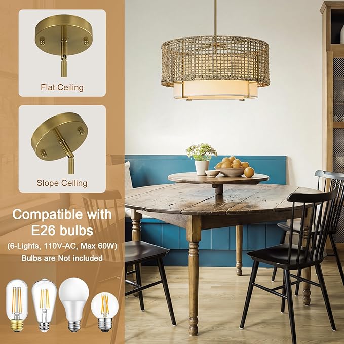 25.6" Large Rattan Chandelier, 6-Light Boho Rustic Pendant Light with Fabric Shade, Hand Woven Wicker Hanging Ceiling Light Fixture for Dining Room, Living Room, Kitchen Island, Bedroom, Foyer