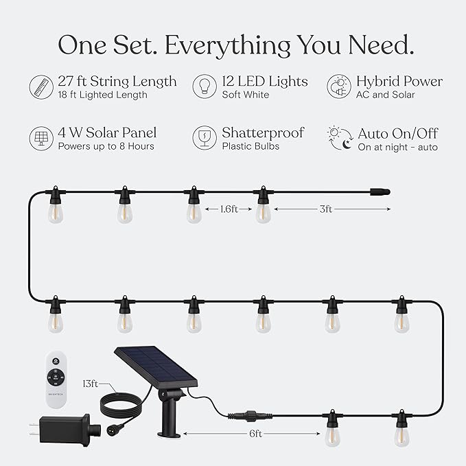 Brightech Ambience Hybrid Outdoor String Lights - Dual Plug and Solar Powered Waterproof LED Light String for Outside - 27 Ft, Dimmable 4W, Soft White Edison Bulbs for Camping, Patio, Cafe, Yard