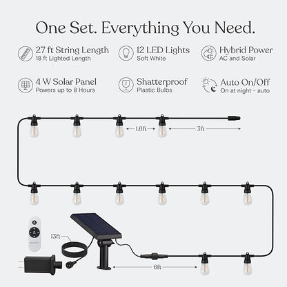 Brightech Ambience Hybrid Outdoor String Lights - Dual Plug and Solar Powered Waterproof LED Light String for Outside - 27 Ft, Dimmable 4W, Soft White Edison Bulbs for Camping, Patio, Cafe, Yard