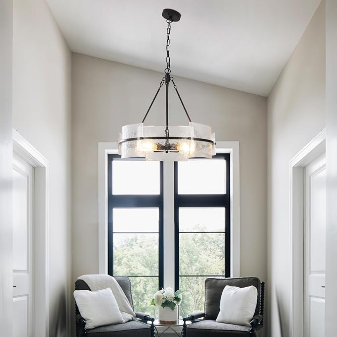 Black 22" Farmhouse Glass Chandelier - Modern Round Foyer Lighting Fixture for Dining Room, Kitchen Island, Bedroom, Living Room, Entryway