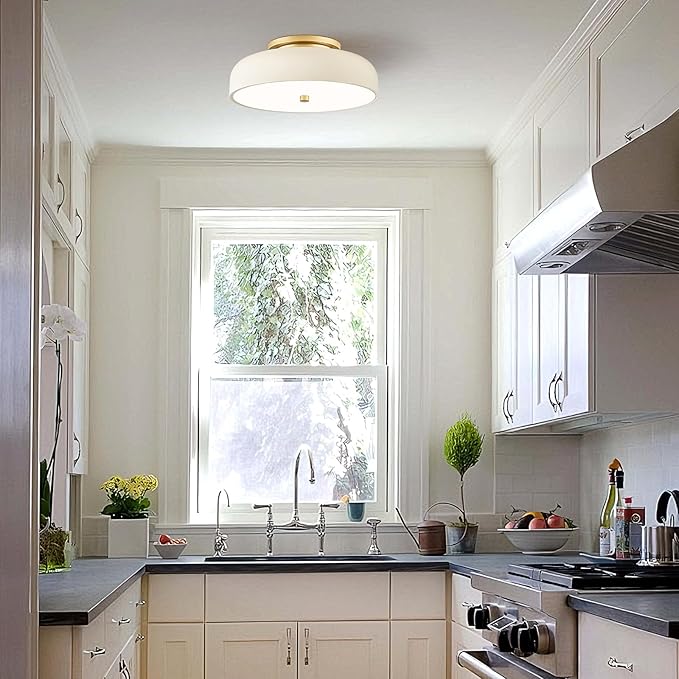 Dimmable LED Ceiling Light Fixture, 2700K-6000K 5CCT Modern Mid-Century Semi Flush Mount Ceiling Light, Cream White Close to Ceiling Lamp for Kitchen, Laundry Room, Bedroom, Hallway, 11.8in