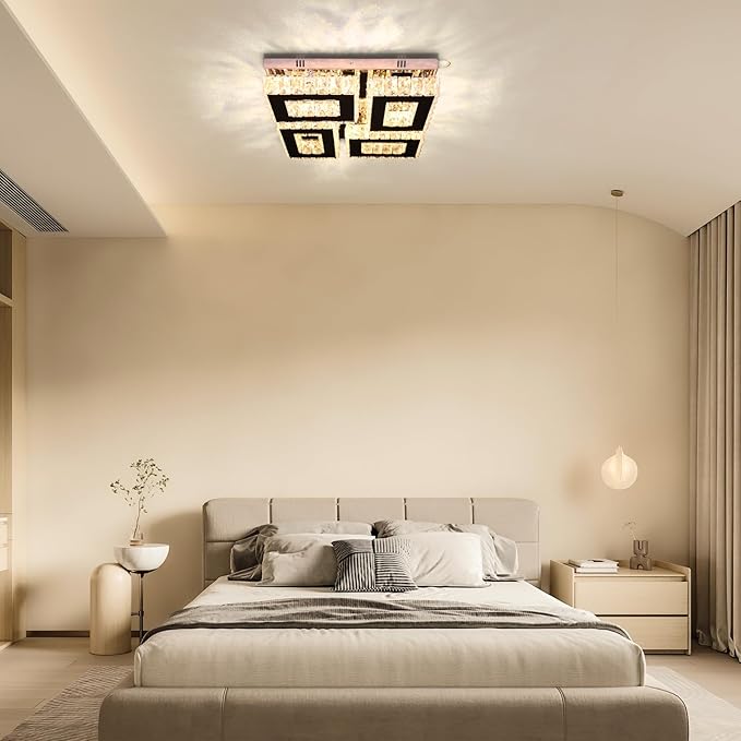 13.1'' Square Crystal Chandelier Light Modern Crystal Ceiling Light Flush Mount Ceiling Lamps for Dining Room Living Room Bedroom Hallway Warm White