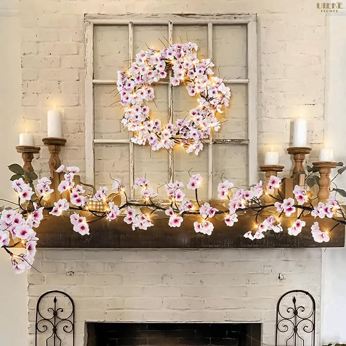 Uieke Lighted Cherry Blossom Garland with Timer 48 LED Fairy Lights 6FT for Mantle, Artificial Flower Vines with Lights 8 Modes Battery Operated Home Fireplace Wedding Party Room Decor