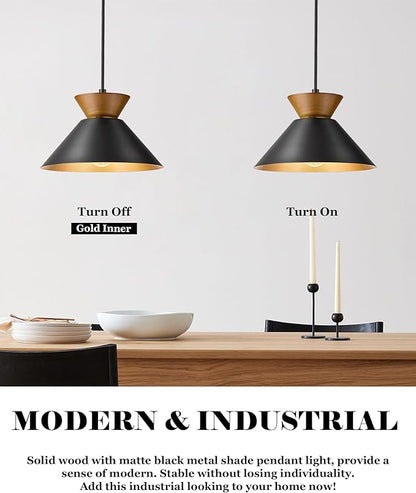 ELYONA 3 Pack Modern Pendant Lights Kitchen Island, Solid Wood Hanging Lamp with Matte Black Metal Shade & Gold Inner Finish, Farmhouse Pendant Light Fixtures for Dining Room, Bedroom, Living Room
