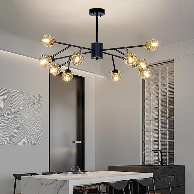 Depuley Chandelier Ceiling Light Fixture: 12-Light Modern Sputnik Chandelier for Dining Room - Height Adjustable Mid Century Black Crystal Chandelier for Bedroom Living Room (Included G9 Bulbs)