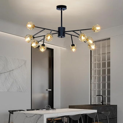 Depuley Chandelier Ceiling Light Fixture: 12-Light Modern Sputnik Chandelier for Dining Room - Height Adjustable Mid Century Black Crystal Chandelier for Bedroom Living Room (Included G9 Bulbs)