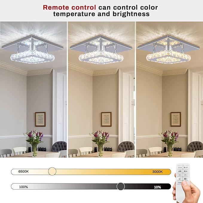 Dimmable Mini LED Chandeliers Modern Crystal Chandelier 7.9 Inches Led Ceiling Light Square Flush Mount Ceiling Light
