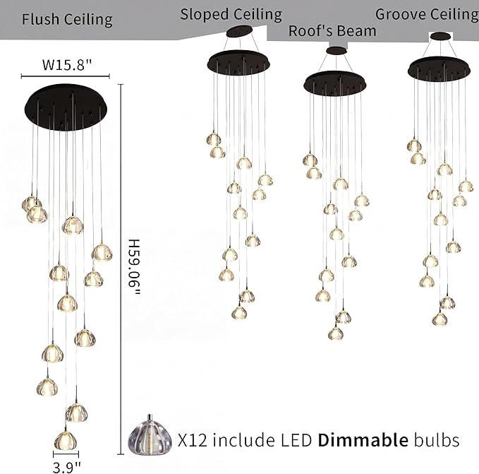 Modern LED High Ceiling Chandelier,12-Light Fixture Crystal Hanging Lamp Dining Room Dimmable Adjustable Luxury Pendant Lights for Living Dinning Room Hallway Foyer Staircase Entryway