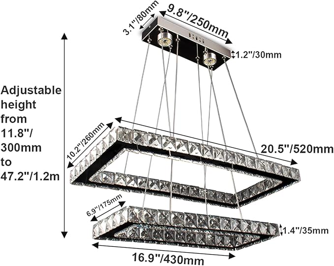 Dimmable Crystal Chandelier, Modern Rectangular 2 Ring LED Pendant Light with Remote & App Control, 20.5"+17" Adjustable Hanging Height, 3 CCT 2500K/4500K/6500K, Kitchen Island Dining Room