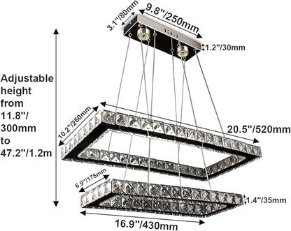 Dimmable Crystal Chandelier, Modern Rectangular 2 Ring LED Pendant Light with Remote & App Control, 20.5"+17" Adjustable Hanging Height, 3 CCT 2500K/4500K/6500K, Kitchen Island Dining Room