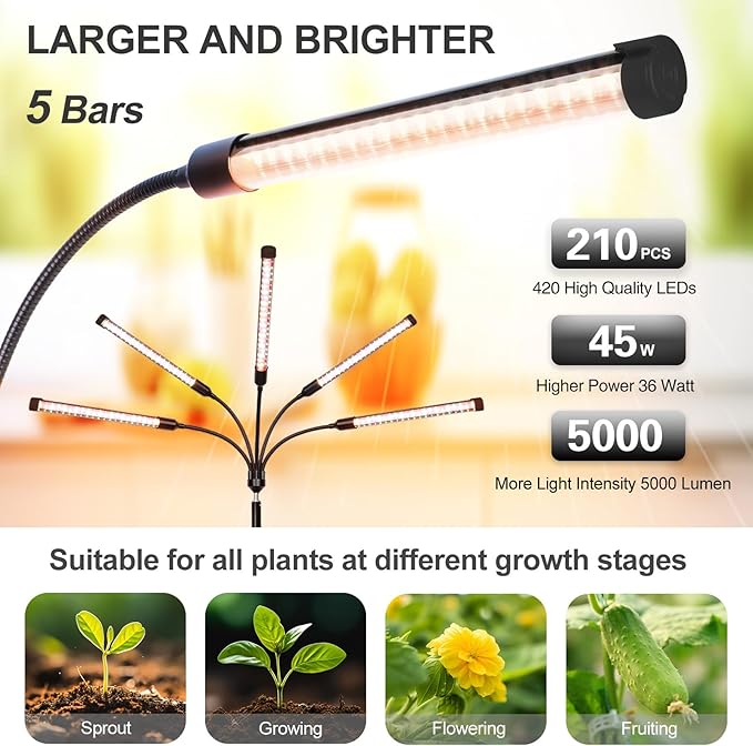 FECiDA 2026 5Head Grow Lights with Upgraded Stand, Standing Grow Lights for Indoor Tall Plants, Bonsai Tree, 4/8/12/16/20 Hr Timer, 45 Watt Power Draw, NO Need Adapter, 24"-72" Height Adjustable