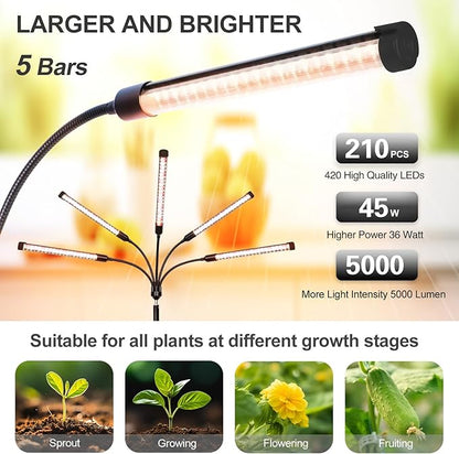 FECiDA 2026 5Head Grow Lights with Upgraded Stand, Standing Grow Lights for Indoor Tall Plants, Bonsai Tree, 4/8/12/16/20 Hr Timer, 45 Watt Power Draw, NO Need Adapter, 24"-72" Height Adjustable