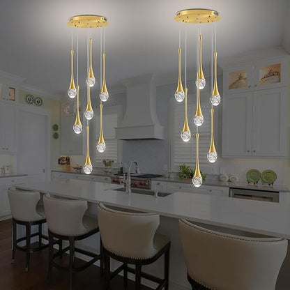 Modern Crystal Chandelier 7-Lights Gold, H60'' High Ceiling Spiral Dimmable LED Bubble Crystal Raindrop Light Fixture for Foyer Entryway Dining Room Remote Control