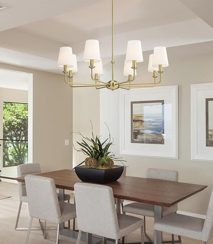 40.5'' 8-Light Brushed Gold Chandelier, E12 Base, White Fabric Shade - Farmhouse & Industrial Style Pendant Light for Dining Room Living Room Bedroom Kitchen