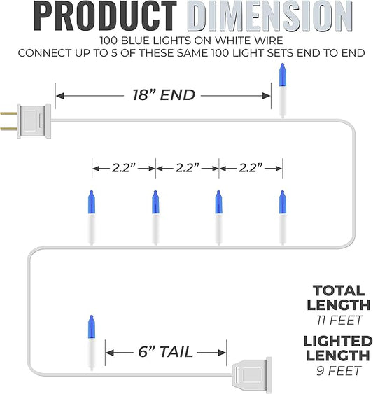 612 Vermont 100 Blue Christmas Lights on a White Wire String, UL Approved, Indoor/Outdoor Use, 18’ of Lighted Length, 20’ of Total Length