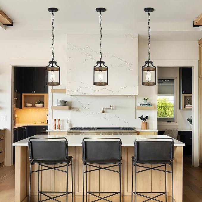 Farmhouse Pendant Light, Rustic Wood Metal Light Fixtures with Adjustable Hanging Chain, Small Pendant Lighting for Kitchen Island, Dining Room, Entryway, Cafe & Bar, 2 Pack