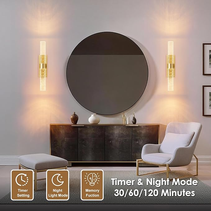 KARTOOSH Gold Rechargeable Wireless Wall Sconce Set of Two, Battery Operated Wall Lights with Remote Control,350°Rotate,3000K/4000K/6000K,Dimmable,Timer,for Living Room,Dining Room,Hallway,15.3 Inch