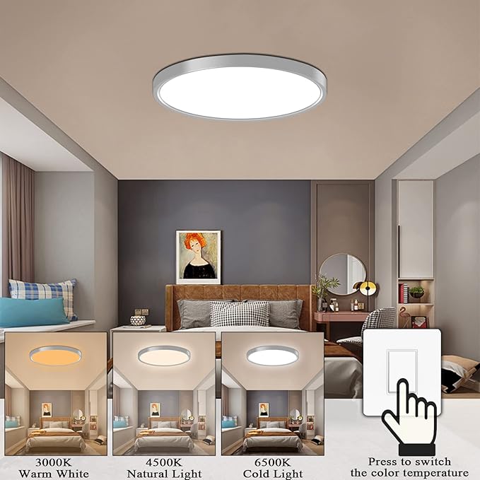 Ceiling Light LED 28W 12 Inch, 3 Color Temperature Switchable Round Ceiling Mount Light Fixture for Kitchen, Bedroom, Living Room, Dining Room -3000K/4500K/6500K White Shell