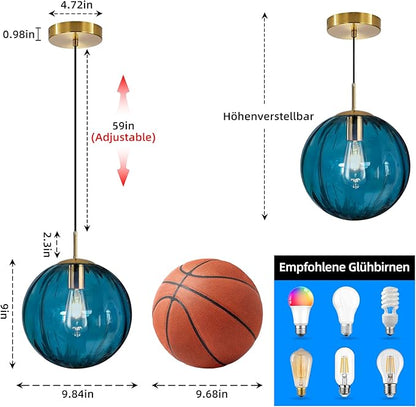 Modern Blue Glass Pendant Light, Kitchen Island Lighting 3-Pack Globe Pendant Light Fixtures Century Kitchen Island Pendant Lighting for Bedroom Living Dining Room Light Fixture (Without Bulb)