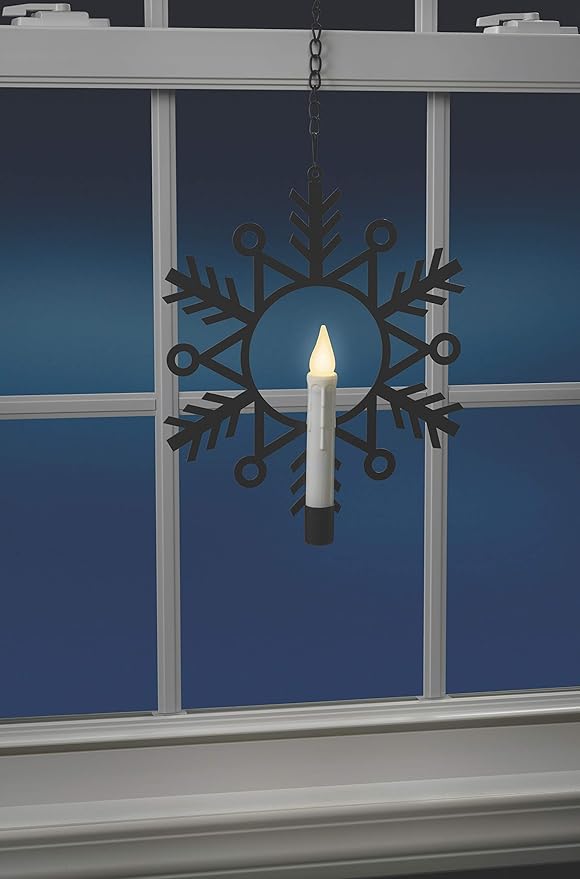 Xodus Innovations CW1500A Battery Powered 12 inch Metal Snowflake Window Wreath with Warm White Flickering Flameless Candle Light and Automatic Timer, Black and White, Single