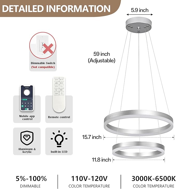 Modern Nickel Led Chandelier 2 Rings Dimmable LED Chandeliers with Remote Control Light Fixture for Kitchen Island Height Adjustable Chandelier Led Pendant Light for Living Room Dining Room
